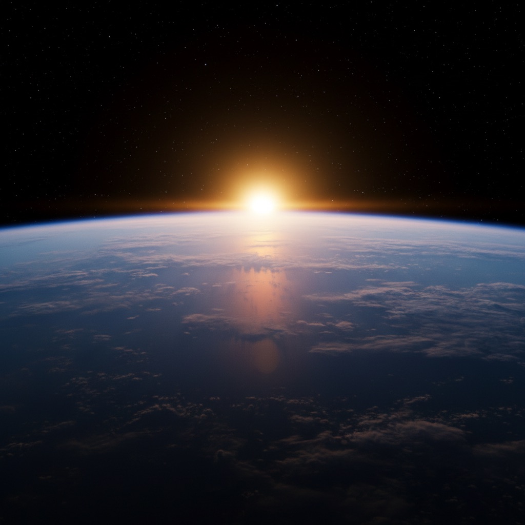 Sunrise breaking over the curve of the Earth, seen from space.