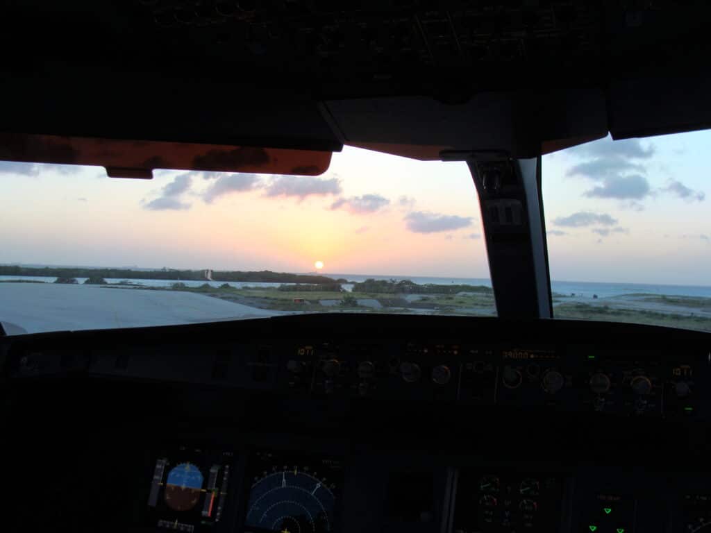 Sunset over Aruba before departure to Bonaire
