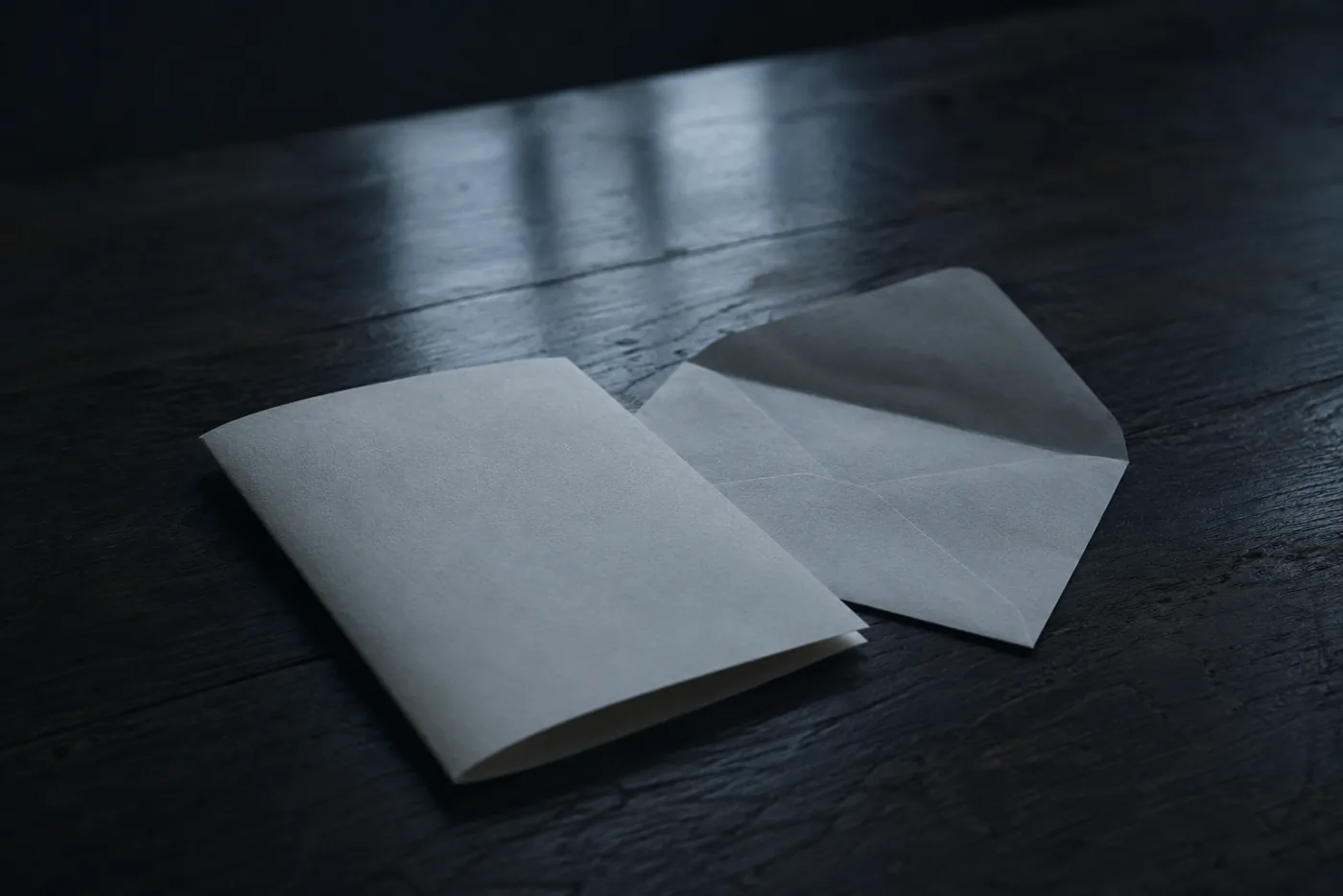 Een dichtgevouwen brief die nooit verstuurd is, naast een open envelop op een donkere tafel