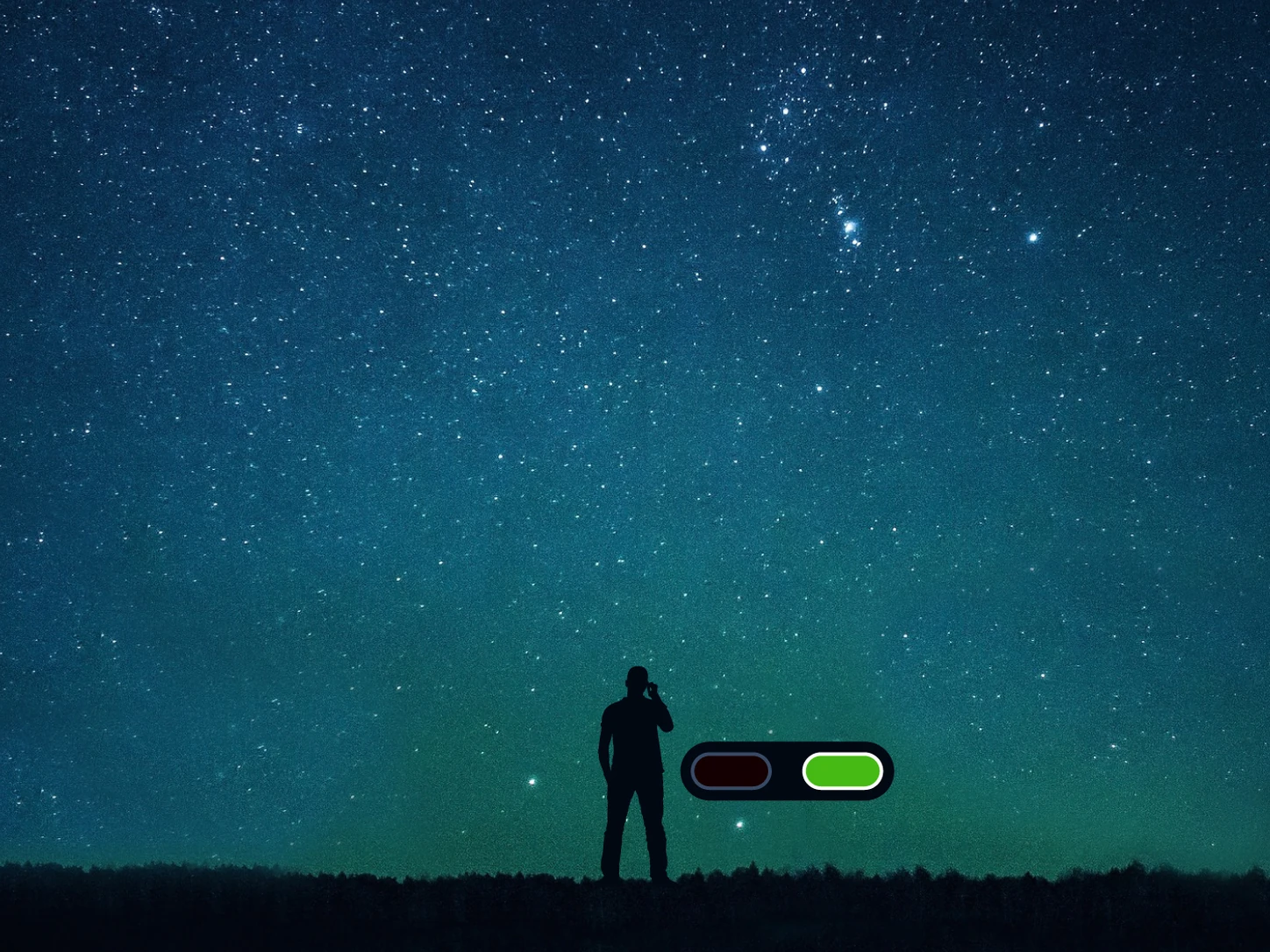 A black silhouette on a phone call beside a large switch turned to on, beneath a starry sky