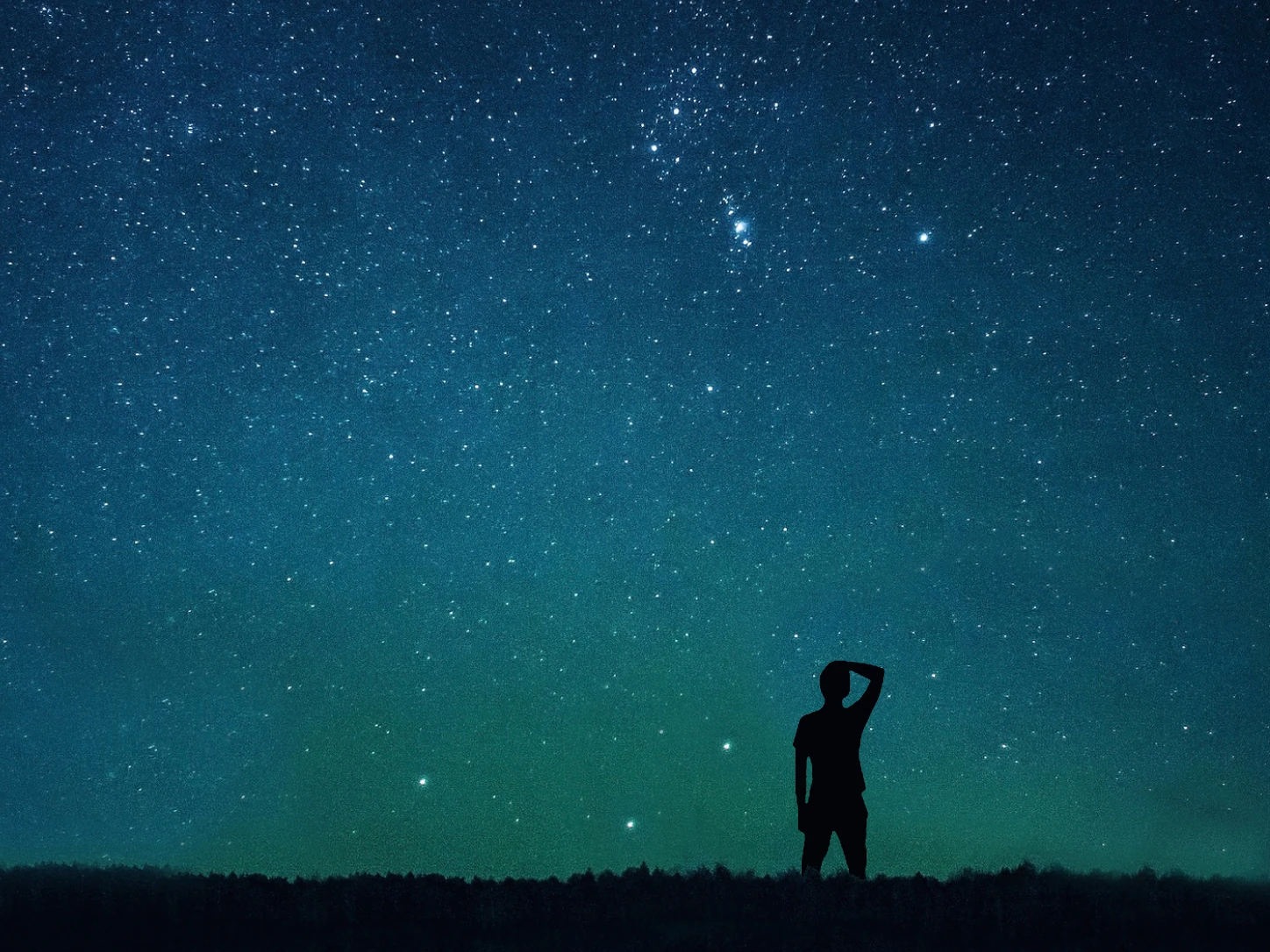 Black silhouette looking up at a starry sky, one hand raised to the forehead