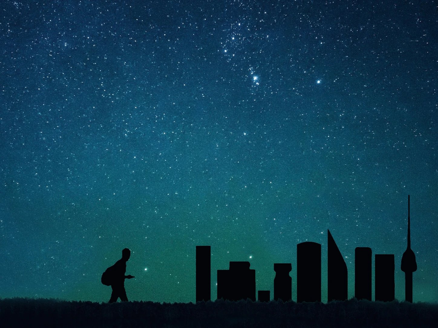 A black silhouette walking beside a city skyline under a starry sky