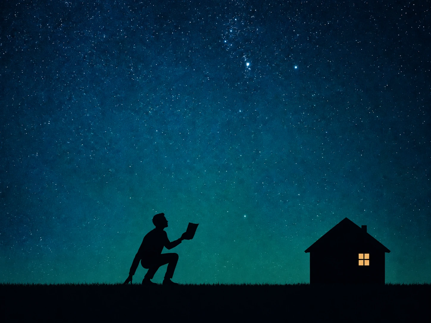 Een zwart silhouet dat half overeind komt uit het gras, met een vel papier in één hand, en zich omdraait naar een klein huis aan de horizon met één verlicht raam, onder een sterrenhemel