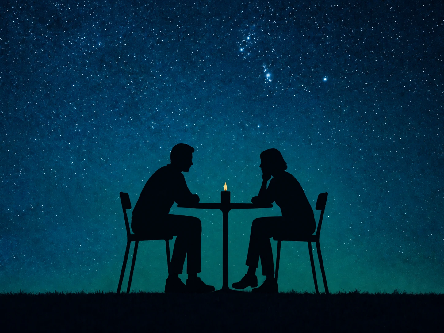 Two black silhouettes seated close together at a small table beneath a starry sky, leaning toward each other