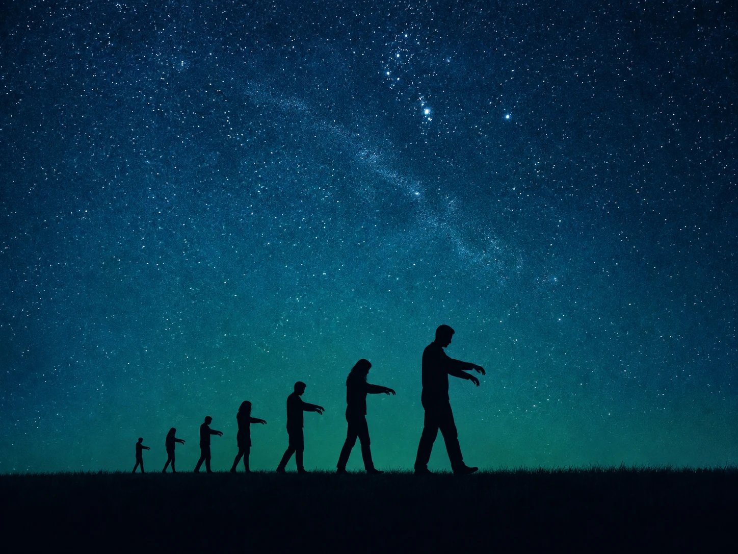 Een rij zwarte silhouetten die achter elkaar naar de horizon lopen met hun armen voor zich uit, als slaapwandelaars, onder een sterrenhemel