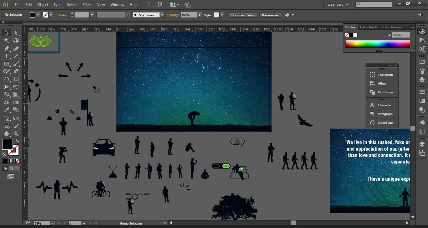 Screenshot of Illustrator showing the brand's working file: silhouettes, a starry sky and the lotus logo.