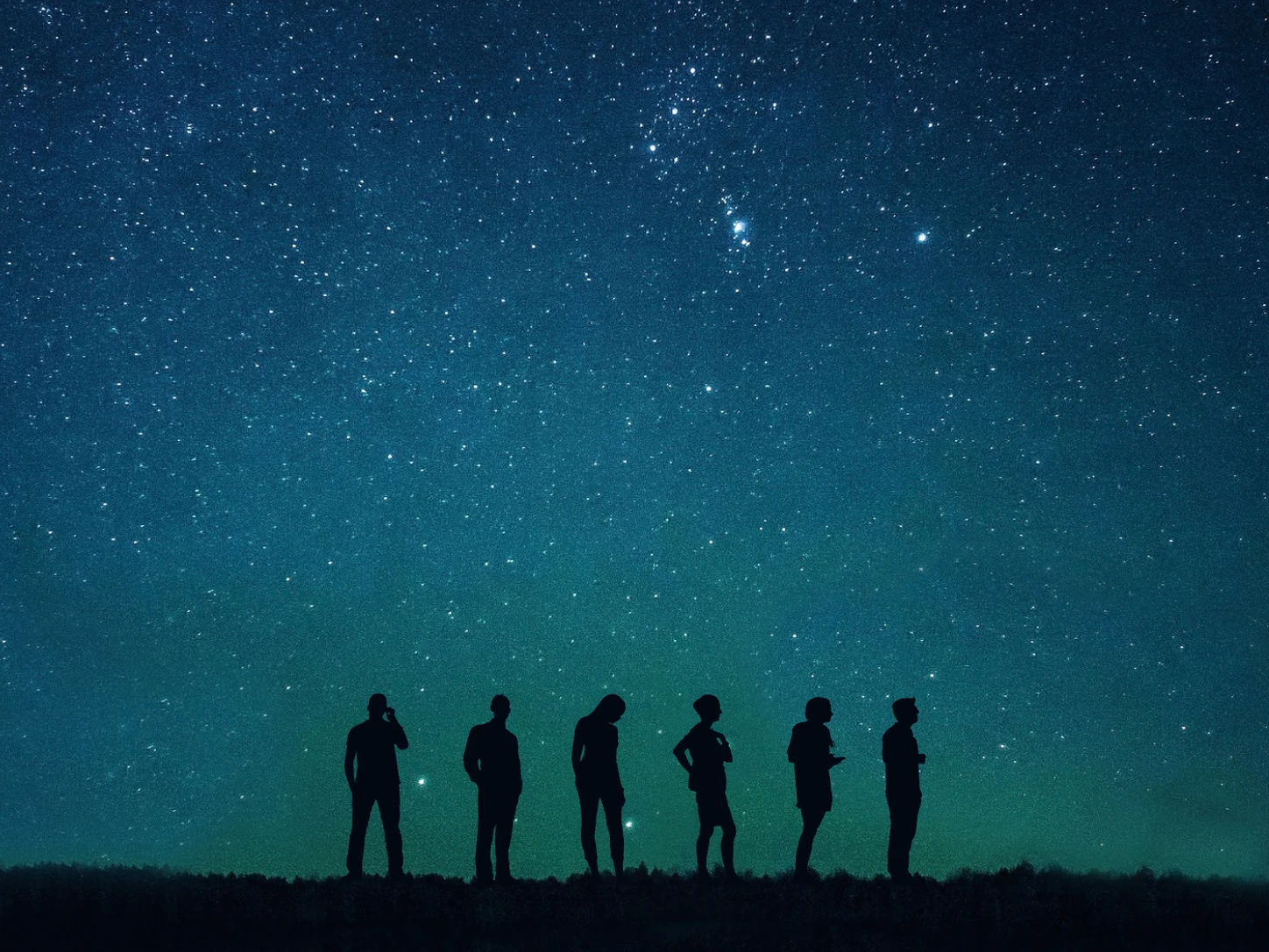 A row of black silhouettes waiting in line beneath a starry sky