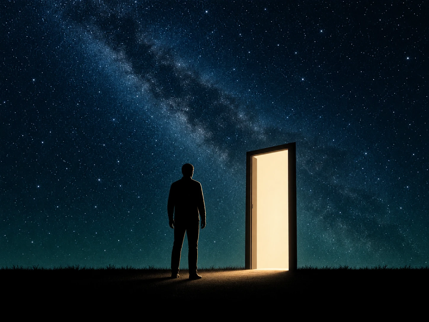 A black silhouette standing before a lit doorway with empty hands, feet still on the near side, beneath a starry sky