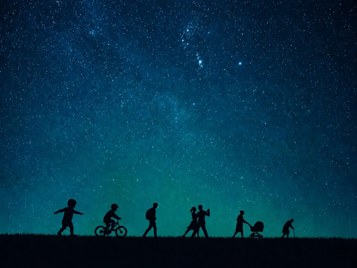 A row of black silhouettes on the grass under a starry sky, from a toddler and a child on a bike in front to a small, stooped figure with a cane far away on the horizon