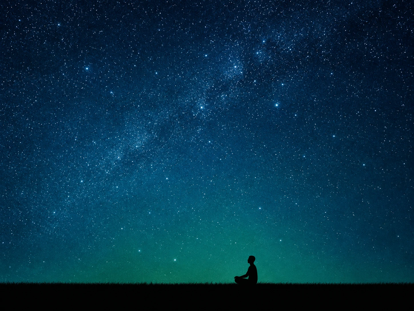 One tiny black silhouette sitting cross-legged in the grass, far away, beneath an enormous starry sky with the Milky Way