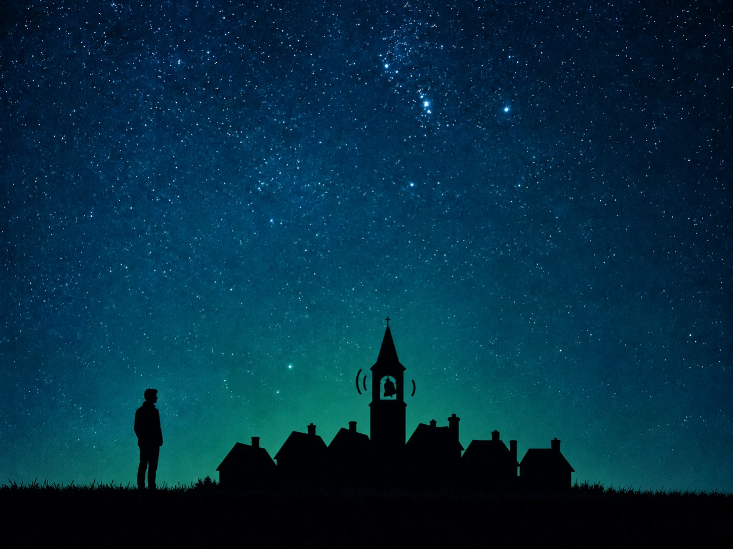 A low row of black rooftops and chimneys on the horizon with one church steeple and a bell in its open top, and a single figure standing just outside the houses, turned toward the steeple, beneath a starry sky