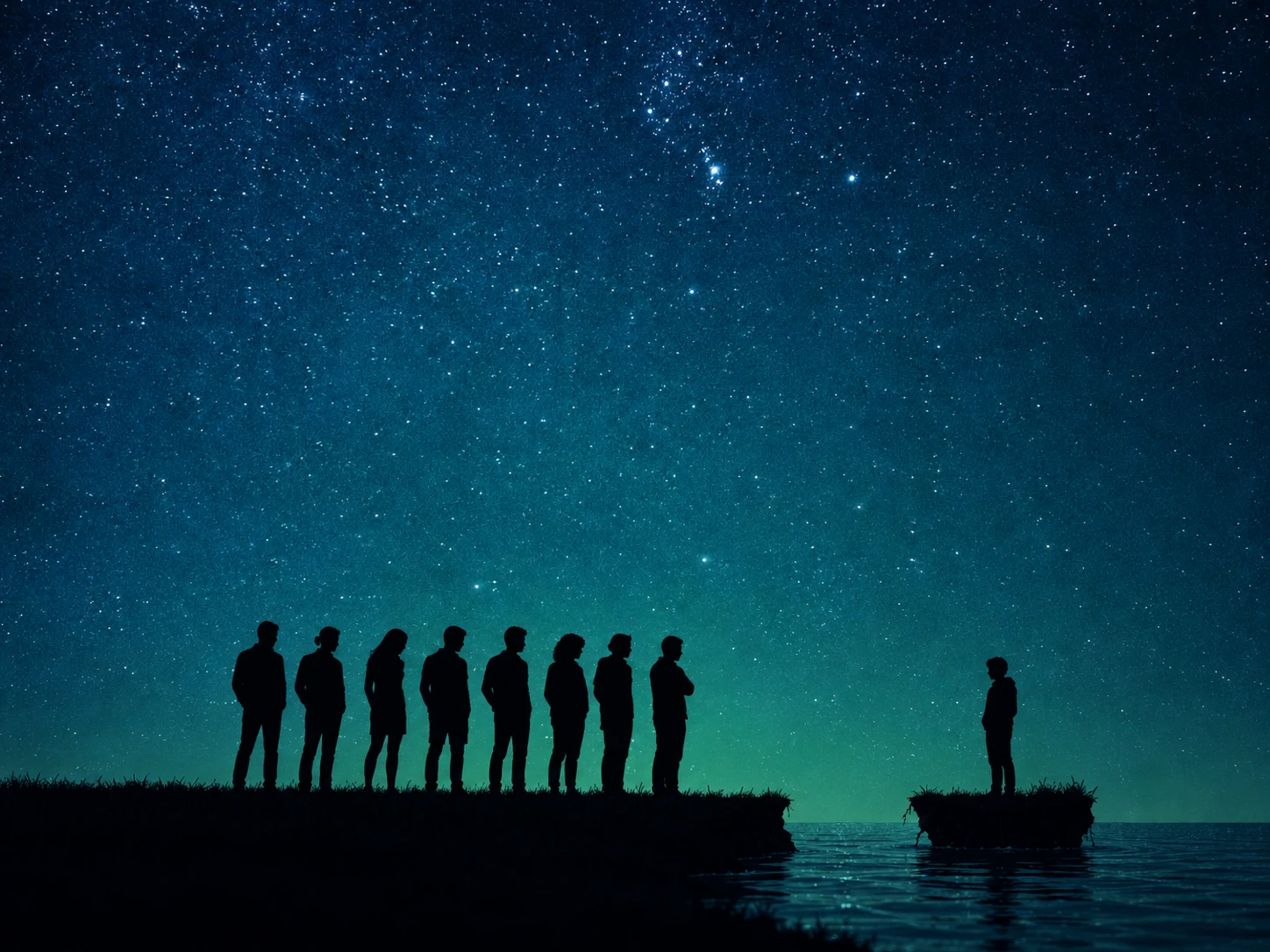 A dense group of black silhouettes standing shoulder to shoulder on a shoreline, and a single figure on a small lump of land drifting away across a strip of water beneath a starry sky