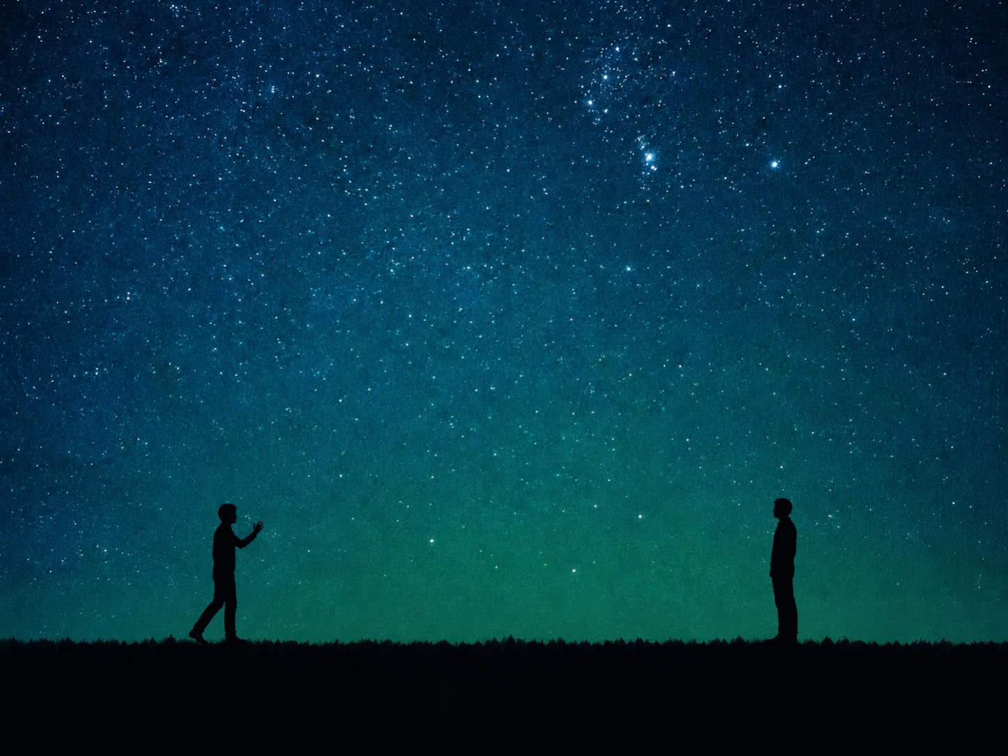Twee kleine zwarte silhouetten staan ver uit elkaar in het gras onder een sterrenhemel, met een open stuk veld ertussen